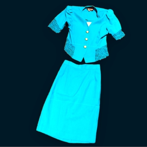 VINTAGE SL Fashions 2-piece skirt suit SET teal turquoise lace blazer 70s 80s - Picture 6 of 16